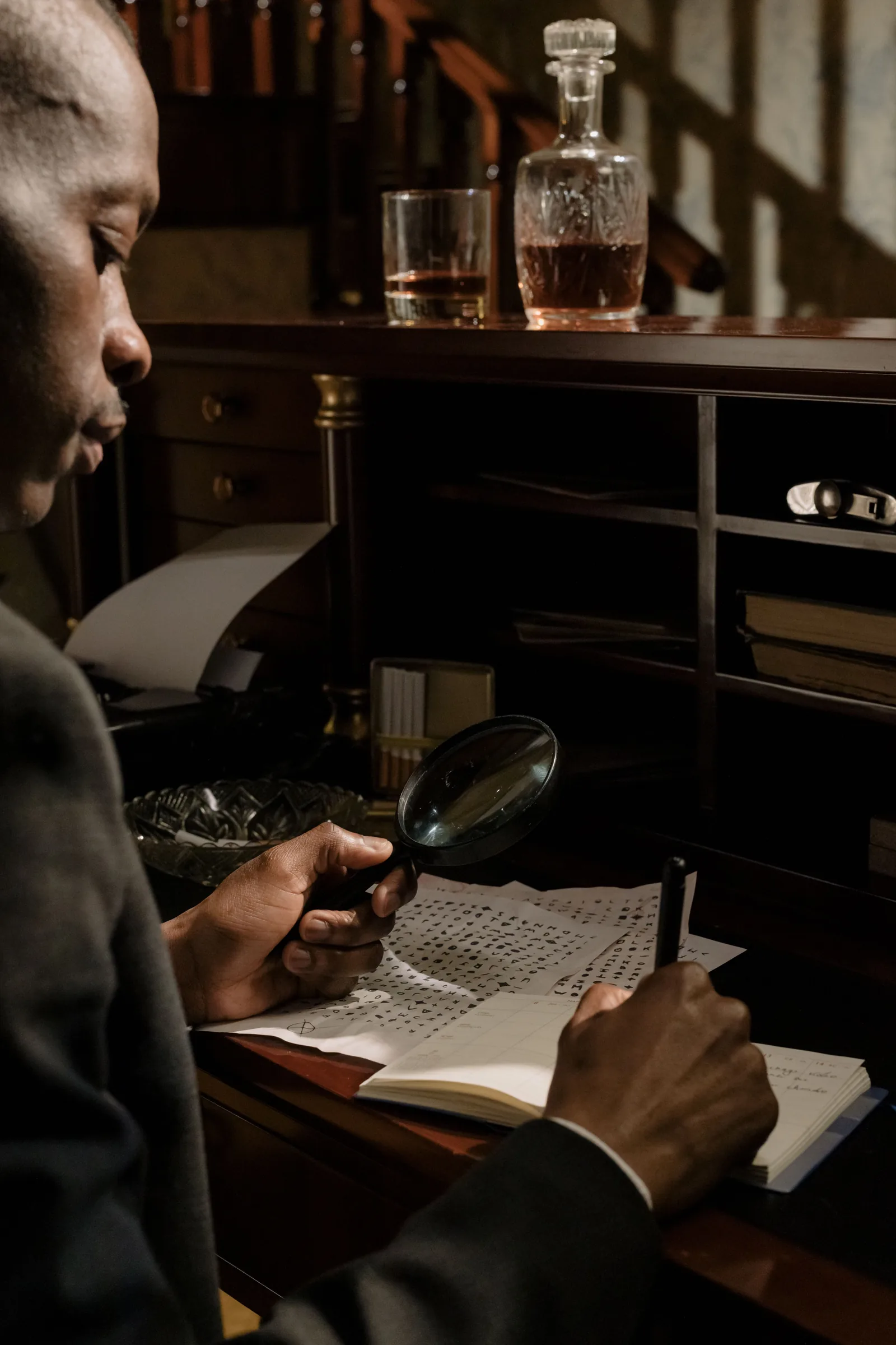 Two professionals in business attire shaking hands across a desk with a gavel and laptop.